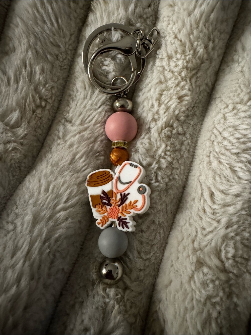 Pink and Gray Medical Coffee Charm Keychain